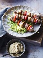 Lamb Souvlaki with zucchini pasta and babaganoush